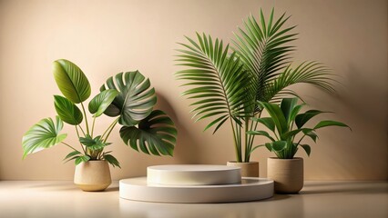 Obraz premium Exotic tropical leaf arranged on a modern beige product presentation stand with clean lines and minimalist design, modern decor, minimalist design