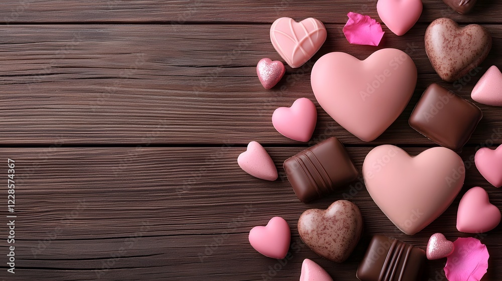 Poster exquisitely arranged heart shaped praline chocolates elegantly displayed on a rustic wooden table su