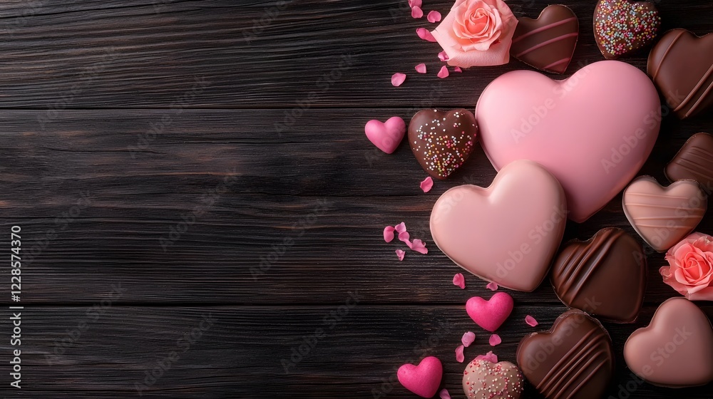 Aufkleber exquisite heart shaped praline chocolate candies arranged on a rustic wooden table surrounded by del