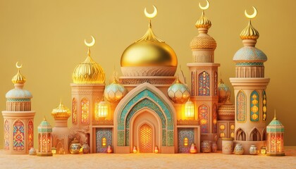 Obraz premium Festive Islamic Architecture Golden Mosque Ramadan Lantern Lights