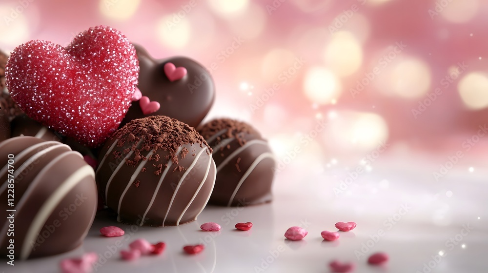 Poster exquisite assortment of heart shaped chocolates pralines and truffles beautifully arranged on a clea