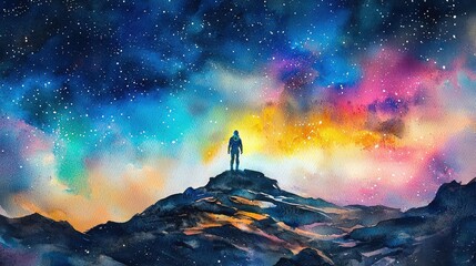 Astronaut Standing on Mountain Under Colorful Starry Sky