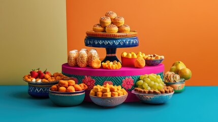 A Vibrant Festive Food Display with Assorted Sweets, Fruits, and Snacks