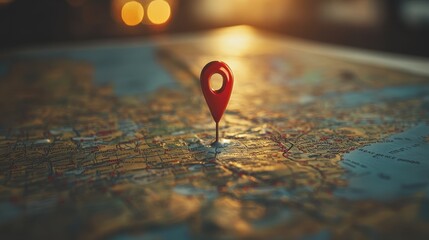 Red map marker pin on vintage map. Illustrates travel, navigation, or location.