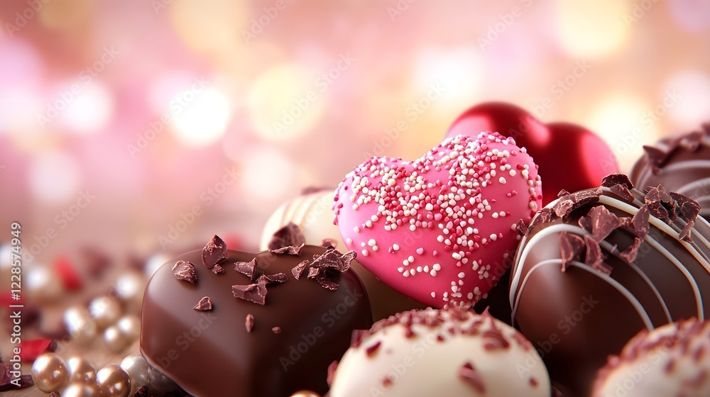 Poster assortment of decadent valentine s day chocolates and pralines surrounded by edible pearls and cocoa