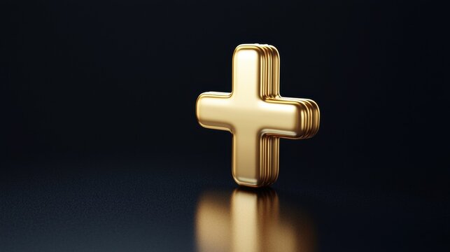 Shiny gold plus sign on a reflective surface - Powered by Adobe