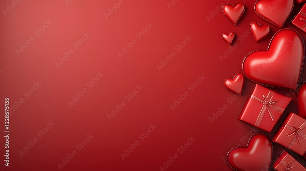 Poster romantic and modern flat lay composition featuring a red minimalist background with scattered heart 