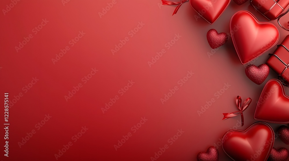 Aufkleber Romantic minimalist flat lay composition with red heart shaped chocolates wrapped gift boxes and elegant heart ornaments on a vibrant red background leaving empty space for copy or text