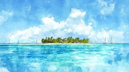 Obraz premium Tropical Paradise Island with Turquoise Water and Cloudy Sky Scene