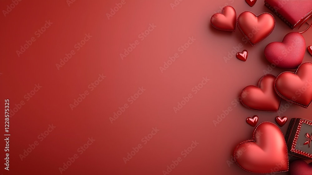 Poster An inviting and luxurious Valentine s Day flat lay with a warm red gradient backdrop featuring an arrangement of heart shaped ornaments premium chocolates gift boxes