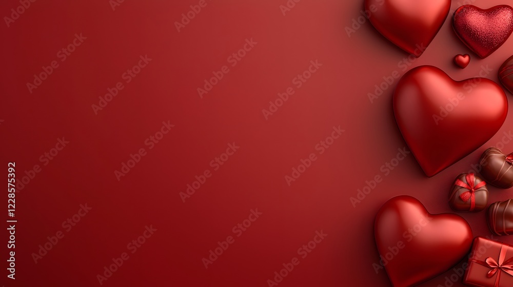 Poster charming and modern valentine s day flatlay composition with a deep red background showcasing heart 