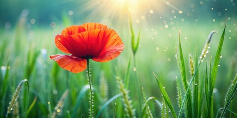 Naklejka premium A vibrant red poppy blooms in the lush green field with a subtle morning dew, surrounded by delicate green blades of grass