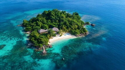 Fototapeta premium Aerial View of a Tropical Island with Lush Vegetation and Clear Blue Waters