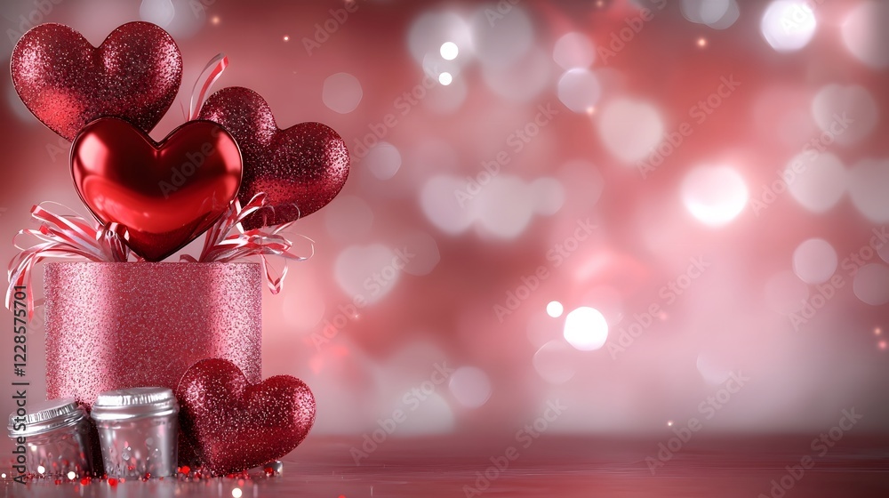 Poster Romantic Valentines Day Background with Layered Glossy Red Hearts Floating on a Soft Textured Crimson Background with a Clean and Elegant Composition