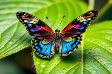 Obraz premium Vibrant butterfly with wings displaying a spectrum of colors perched on a fresh green leaf, highlighting the beauty of nature