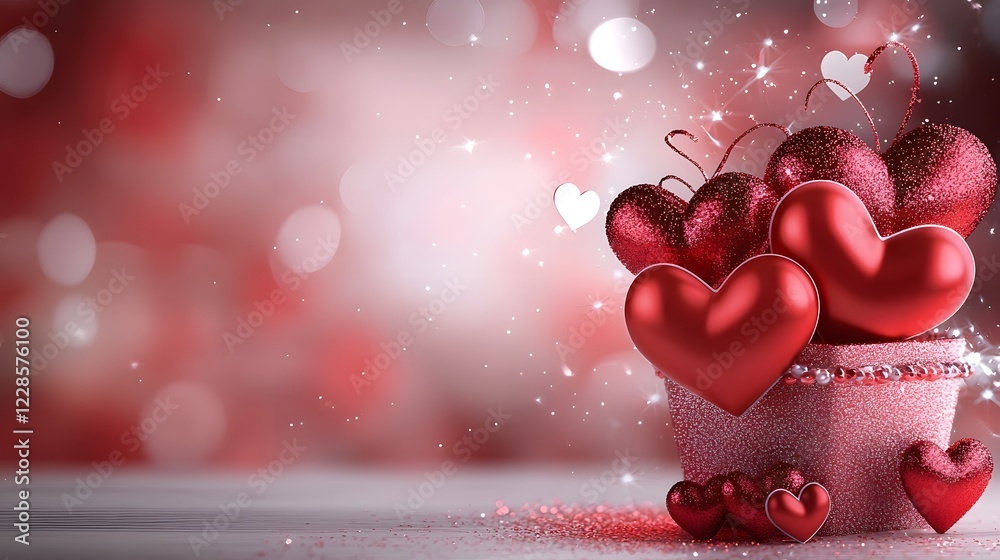 Poster Elegant and romantic Valentines Day background featuring delicate red hearts subtly blending into a soft light red gradient surrounded by a few sparkling highlights for an airy and sophisticated feel