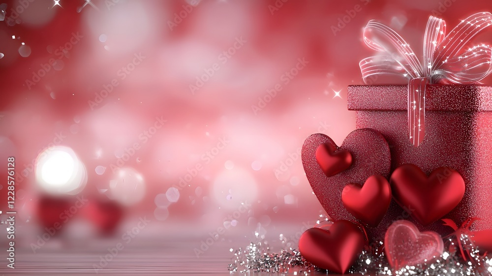 Poster A soft and romantic Valentine s Day background featuring a delicate blend of red hearts subtly fading into a light red gradient surrounded by sparkling highlights for an airy and elegant feel