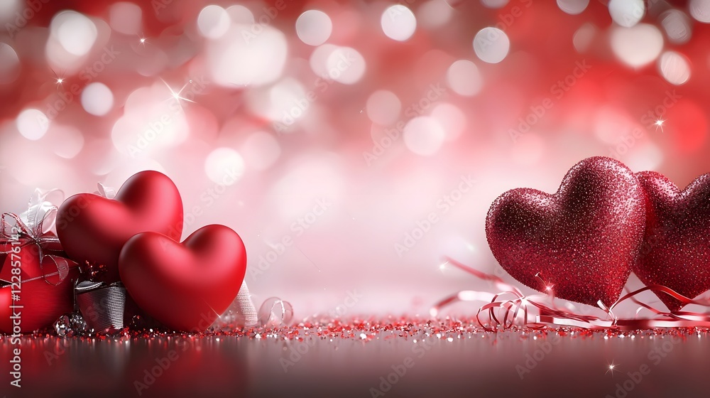 Poster Soft and romantic Valentine s Day background with delicate red hearts subtly blending into a light red gradient surrounded by a few sparkling highlights for an airy and elegant feel