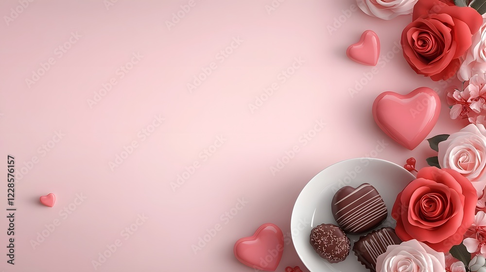 Poster elegant valentines day flat lay composition with red roses heart shaped candles and a plate of prali