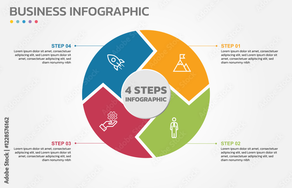 Poster Visual data presentation. Cycle diagram with 4 options. Pie Chart Circle infographic template with 4 steps, options, parts, segments. Business concept. Editable pie chart with sectors.