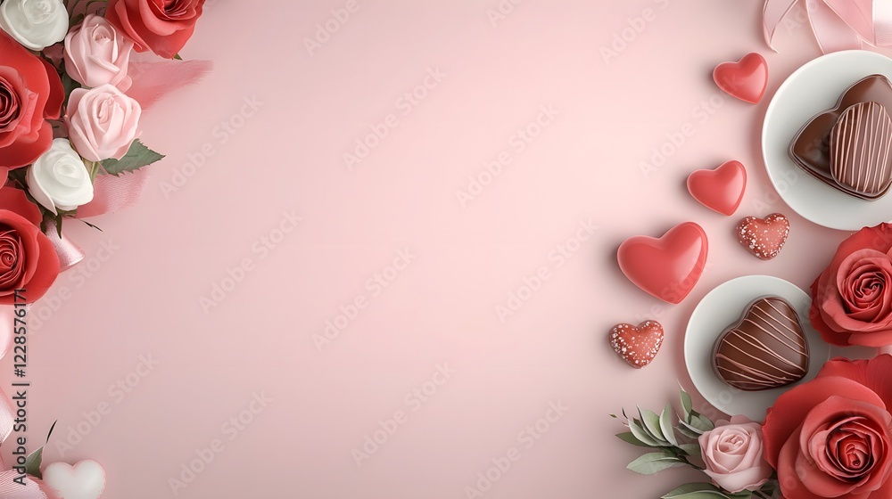 Aufkleber romantic flat lay design featuring red roses heart shaped candles and a plate of gourmet chocolate p