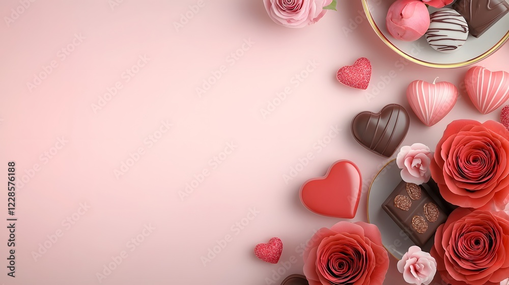 Aufkleber romantic valentines day flat lay with red roses heart shaped candles and a plate of praline chocolat