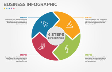 Visual data presentation. Cycle diagram with 4 options. Pie Chart Circle infographic template with 4 steps, options, parts, segments. Business concept. Editable pie chart with sectors.