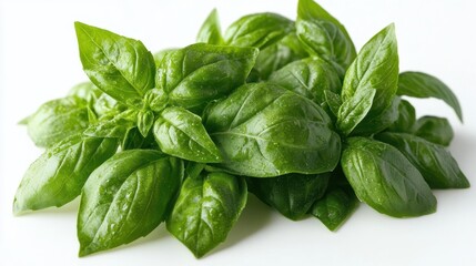 Fototapeta premium Fresh basil leaves arranged on a white background.