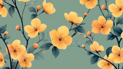 Elegant Yellow Flowers Blooming on Dark Green Branches