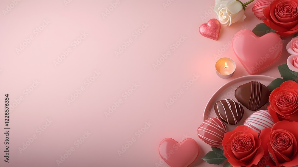Poster romantic valentines day composition featuring red roses glowing heart shaped candles and a saucer of