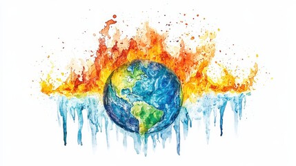 Obraz premium A vibrant watercolor illustration depicting a globe engulfed in flames and water, symbolizing climate change