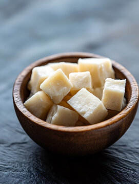hakarl cubes served in a small wooden bow