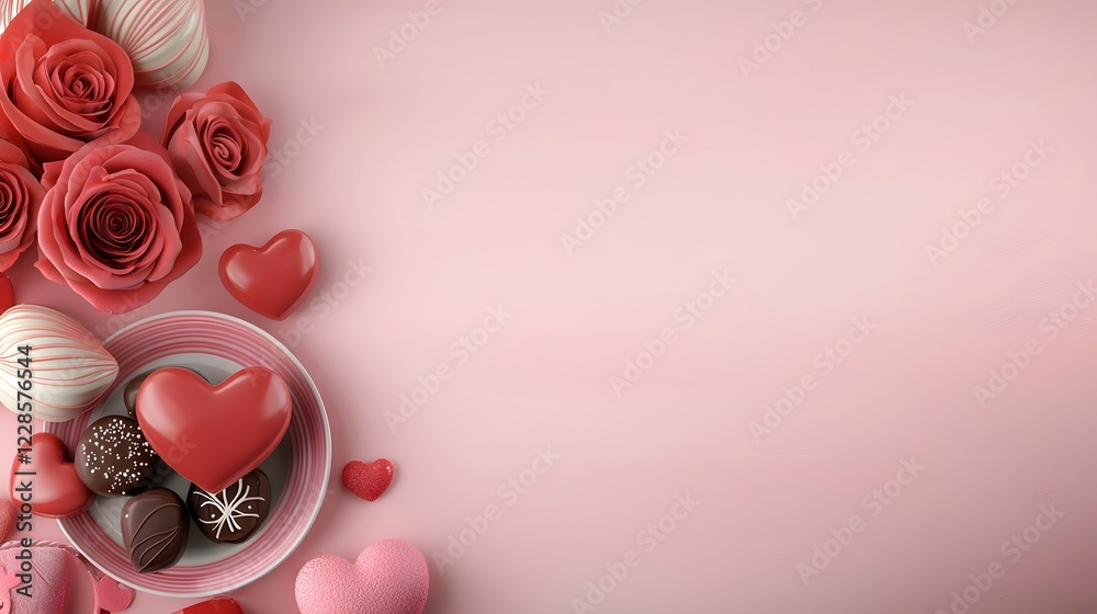 Poster elegant valentine s day styling with a display of red roses heart shaped candles and a saucer filled