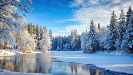 Fototapeta premium Snow-covered forest landscape with frozen lake and trees , trees, lake, trees, lake, serene, winter