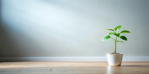 A small plant with delicate green leaves and a thin stem growing in the corner of a room