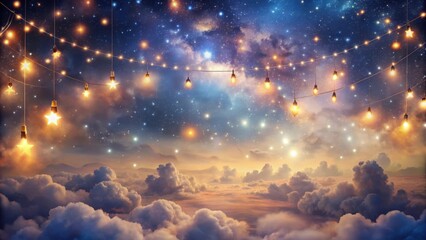Naklejka premium Celestial Dreamscape with Twinkling Lights and Stars in a Hazy Looped Background , ethereal ambiance, bohemian style