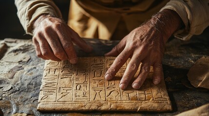 Ancient Script on Clay Tablet with Human Hands Carving Symbols