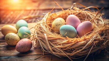 Obraz premium Pastel Easter Eggs in Straw Nest - Spring Decor, Vibrant Colors, Holiday Celebration, Nature-Inspired, Easter Traditions, Festive Decorations, Seasonal