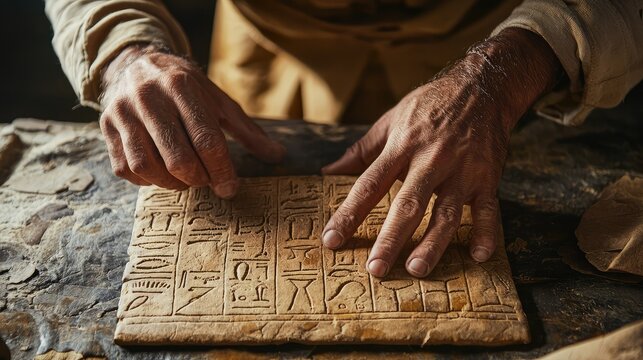 Ancient Script on Clay Tablet with Human Hands Carving Symbols