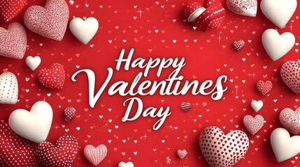 Elegant red Valentine s Day greeting card design with Happy Valentine s Day text in an ornate white script font surrounded by heart shaped graphic elements on a seamless red pattern background