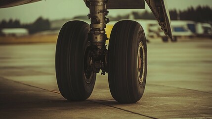 Obraz premium Close-up of an airplane wheel compartment, with the wheel partially extended and the surrounding metal structure visible. The scene is shot with a shallow depth of field to emphasize the intricate det