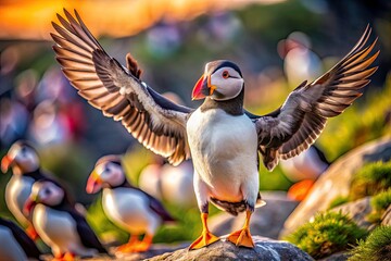 Obraz premium Puffin Ground Flapping Wings High Depth of Field Photography - Wildlife Bird Image