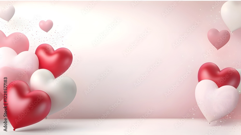 Poster floating 3d red white and pink hearts on a soft gradient background perfect for valentines day poste