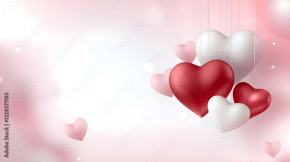Poster Elegant Valentines Day Poster with Floating 3D Hearts in Red Pink and White Colors on a Soft Gradient Background Featuring Ample Space for Adding Personalized Messages or Promotional Details
