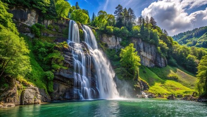 Fototapeta premium Waterfall near Lake Lucerne, lush, lake, lush, lake