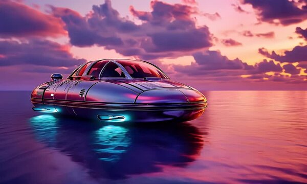 Futuristic hovercraft sunset ocean travel
