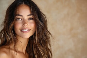 Naklejka premium Natural Beautiful Woman Smiling After Spa Treatment Relaxing in Warm Lighting with Long Wavy Hair