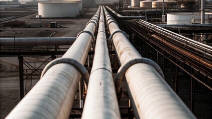 Industrial Pipeline Network in an Oil Refinery with Storage Tanks Depicted in an Aerial View Showcasing Infrastructure and Energy Sector Development