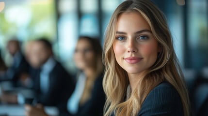 Fototapeta premium Young Businesswoman Confidently Posing in Office Setting