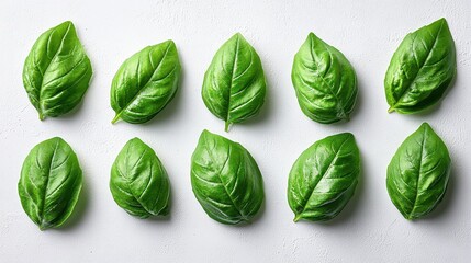 Fototapeta premium Fresh basil leaves arranged neatly on a light background.